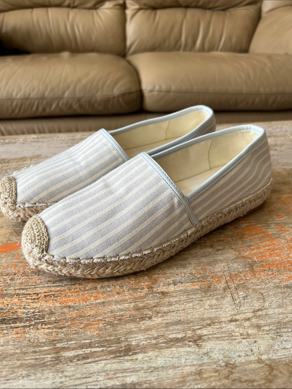 Bandolino Light Blue and Cream Striped Espadrille Slip-Ons